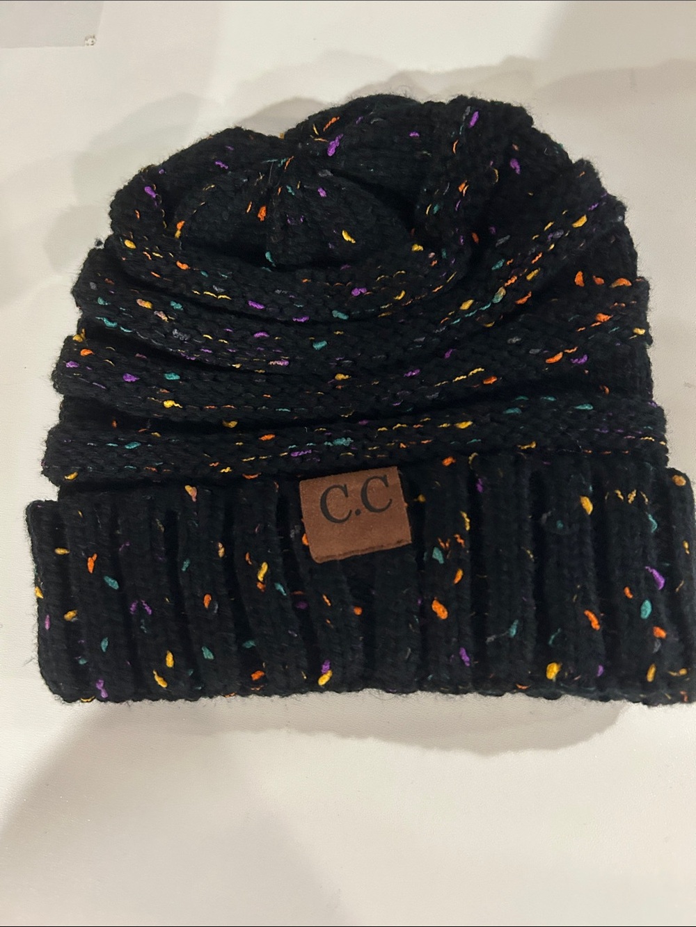 C.C Black Knit Beanie with Multicolor Confetti